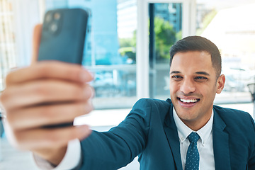 Image showing Happy man, selfie in office and smile on face, confident lawyer with profile picture for social media. Photography, legal career and businessman at law firm, corporate attorney with pride in business