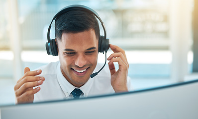 Image showing Man, callcenter and phone call, contact us and headset with mic, CRM and communication, smile with help desk worker. Face, conversation and customer service consultant, telecom and virtual assistant