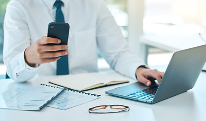 Image showing Laptop, phone and hands typing in office, multitask and working on project. Computer, smartphone and business consultant at desk on internet, man networking on email app and research info on website