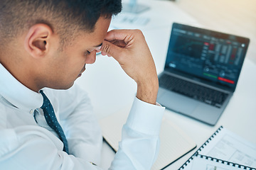 Image showing Business man, headache and laptop of stock market crash, bankruptcy and financial mistake, error or wrong statistics. Sad, stress or fatigue trader on computer screen, data or trading with depression