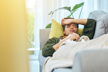 Image showing Black woman, sick and tired, sleep on couch and recovery from illness and health, virus and burnout. Relax on sofa in living room, healthcare and wellness with influenza, disease and fatigue at home