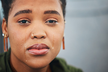 Image showing Crying, sad and portrait of business woman in office with tears for burnout, job loss and retrenchment. Depression, stress and face of unhappy, upset and African worker for crisis, fail and mistake