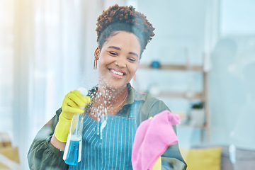 Image showing African woman, cleaning window with chemical spray and cloth, smile for hygiene and housekeeping or hospitality. Cleaner, liquid detergent and disinfectant, service or maintenance with labor and foam