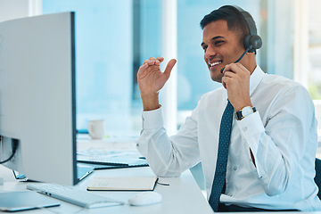 Image showing Computer, call center and man telemarketing, happy and help desk support in office. Smile, customer service and sales agent in communication, consulting or listening to contact us in crm business
