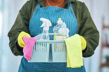 Image showing Cleaning, basket with chemical detergent and cloth, cleaner person with housekeeping or hospitality. Janitor, maintenance and labor, supplies and fabric with service, disinfectant and hygiene