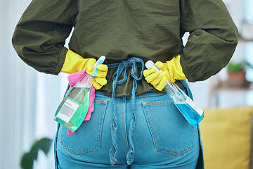 Image showing Back, hands and cleaning with a professional housekeeper in the living room of a home for hygiene. Product, supplies and service with a cleaner in an apartment for housekeeping or responsibility