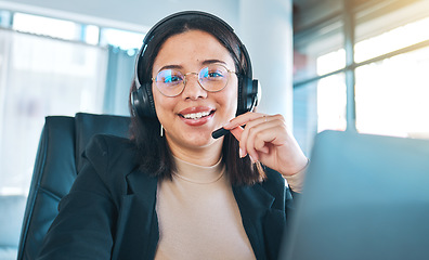 Image showing Portrait, customer service and woman in remote work in home telemarketing, help desk and contact us for support. Face, call center and happy sales agent, consultant smile and professional in glasses