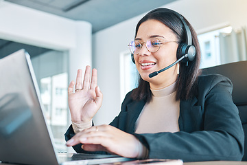 Image showing Customer service, laptop and woman wave in video call, help desk support and remote work at home. Happy, hello and sales agent in webinar, callcenter consulting or telemarketing in online conference