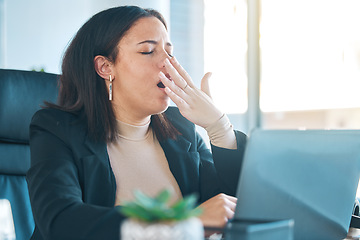 Image showing Business woman, laptop and tired with yawn while working, burnout and deadline, lawyer with case research and overtime. Fatigue, overworked and wellness, insomnia and attorney with brain fog