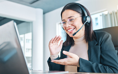 Image showing Customer service, laptop and woman in video call, smile in help desk support and remote work at home. Computer, webinar and sales agent in callcenter, consulting or telemarketing in online conference