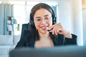 Image showing Laptop, customer service and woman in remote work in home for telemarketing, help desk or support. Smile, call center and sales agent in communication, consulting or listening to contact us in crm