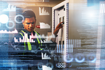 Image showing Electrician, engineering and man with data overlay in a control room for maintenance. Technician person with ai technology for power check, problem solving and digital future or 3d inspection