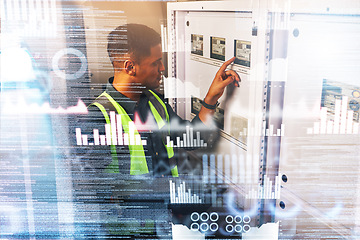 Image showing Engineering, electrician and man with data hologram in a control room for maintenance. Technician person with ai technology for power check, problem solving and digital future or 3d inspection