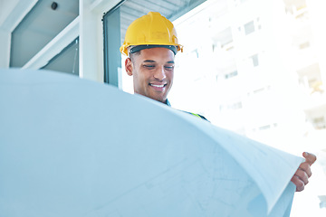 Image showing Blueprint, project and happy architect, man or engineer reading floor plan, design or real estate sketch. Happiness, renovation contractor and construction worker working on architecture development