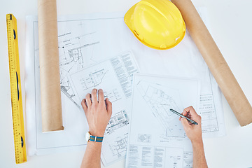 Image showing Hands, above and a blueprint on a table for architecture, construction design or planning. Creative, logistics sketch and a contractor or builder with a drawing for infrastructure idea on paper