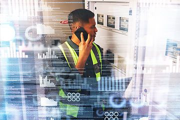 Image showing Electrician, engineering and phone call with technology hologram in a control room for maintenance. Engineer man with smartphone for communication, problem solving and digital future or 3d inspection