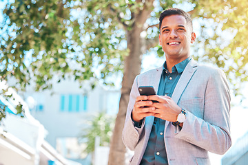 Image showing Cellphone, city and happy business man scroll, walking and smile for company social media, website search and contact user. Smartphone communication, sidewalk or relax person on urban commute journey