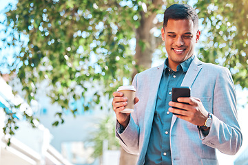 Image showing Phone, city coffee break or happy man, professional realtor or real estate agent typing, check or contact property person. Cellphone communication, sidewalk or networking businessman on urban journey