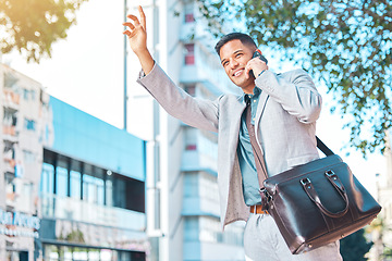 Image showing Phone call, taxi and business man in city wave for cab service, journey and transportation in street. Travel, communication and person in town talking on smartphone for morning commute to meeting