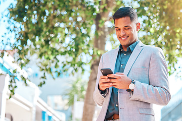 Image showing Phone, city and happy business man scroll, smile and reading online article story, corporate email or company blog. Smartphone app, morning commute and professional person on relax journey to work