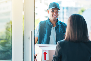 Image showing Delivery man with package, woman at door for online shopping supplier and transport service. Logistics, distribution and ecommerce, happy courier with cardboard box and customer for exchange in home.