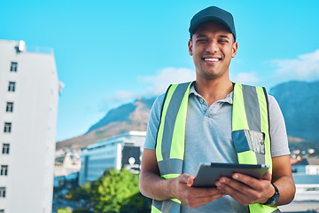 Image showing Digital blueprint, portrait and happy man, contractor and smile for online floor plan, construction site design or architecture sketch. City project manager, tech or constructor for civil engineering