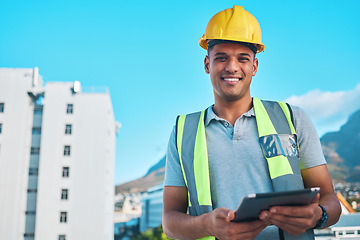 Image showing Project manager, tablet and portrait of happy man, architect or construction site engineer with digital blueprint design. Civil engineering, city inspector and smile for online infrastructure plan
