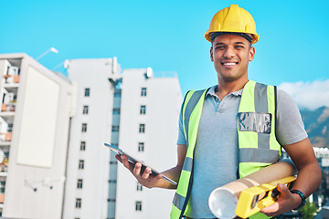 Image showing Architect equipment, tablet and portrait of happy man, contractor or constructor with construction site floor plan. Civil engineering, city job and engineer smile for architecture project management