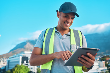 Image showing City, tablet and typing contractor, happy man and reading online floor plan, construction site review or digital blueprint. Project manager, expert or safety inspector planning property development
