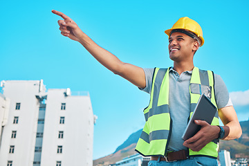 Image showing City, tablet and happy man, architect and pointing at construction site, real estate development or property buildings. Civil engineering, project and engineer gesture at Los Angeles, California view