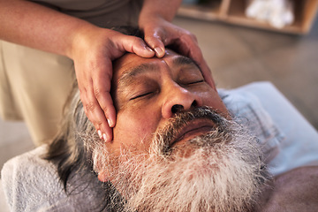 Image showing Relax, head massage and senior with man in spa for wellness, facial treatment and hospitality. Peace, cosmetics and salon with customer and masseuse in hotel for health, vacation and luxury skincare