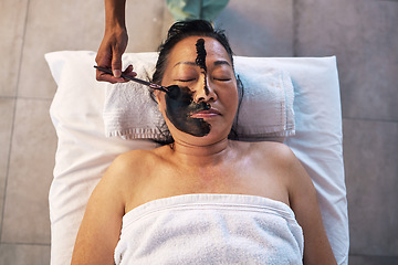 Image showing Relax, facial and senior woman in spa for wellness, beauty treatment and hospitality. Peace, cosmetics and salon with customer and face mask in hotel for health, vacation and skincare from above