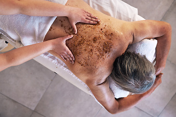 Image showing Body, massage and senior with man in spa for wellness, treatment or hospitality. Peace, skin care and salon with customer and masseuse hands for health, back scrub or luxury exfoliate from above