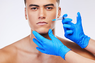 Image showing Man, needle and lip filler surgery in studio portrait for beauty, wellness or facial change by white background. Young model, syringe and hands for mouth, cosmetic transformation and dermatology