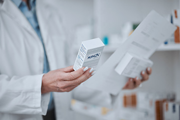 Image showing Person, pharmacist and hands with box of medication, pharmaceutical or pills on shelf at drugstore. Closeup of medical or healthcare employee with drugs, prescription meds or inspection at pharmacy