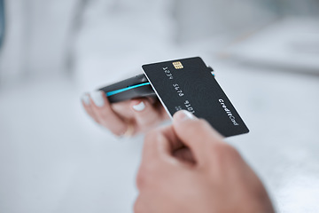 Image showing POS, contactless payment and hands with credit card or customer in pharmacy to purchase a service at a store. Technology, cashless and person buy or tap a machine for online app in healthcare