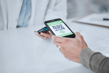 Image showing Qr code, contactless payment and hands with phone or customer at pharmacy POS to purchase service in store. Technology, smartphone and person buy with card machine online or mobile app for healthcare