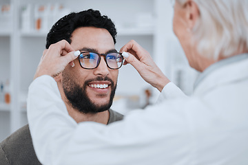 Image showing Eye care, glasses for vision and lens, choice and optometrist with patient, health and test at clinic. Prescription eyewear for sight and assessment, wellness and people with frame and optometry