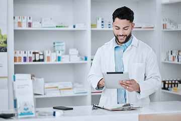 Image showing Man, clipboard and pharmacist with checklist for stock, drugs and health with quality assurance. Pill dispensary at hospital, pharmacy and check inventory with healthcare, wellness and medicine data