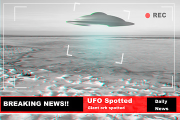 Image showing UFO, spaceship and alien in sky, earth or nature in breaking news, broadcast background or television recording. Spacecraft, glow and research or surveillance with warning sign, scifi or tv broadcast