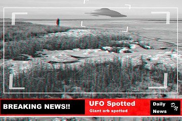 Image showing UFO, spaceship and alien in nature or earth with breaking news or broadcast background and television recording. Spacecraft, sky and research or surveillance with warning sign, scifi and tv broadcast