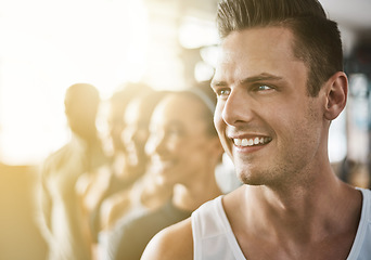 Image showing Happy, man and face in gym with group for fitness, training or friends together in club for exercise or cardio workout. Healthy, people and athlete with happiness in sports, team or wellness goals