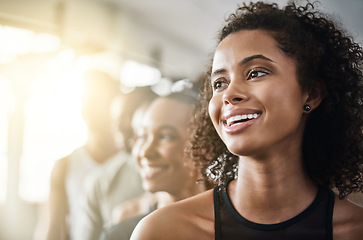 Image showing Happy, woman and face in gym with group for fitness, training or friends together in club for exercise or cardio workout. Healthy, people and athlete with happiness with sports, team or wellness