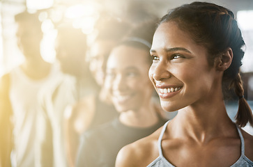 Image showing Happy, woman and face in gym with group for fitness, training or friends together in club for exercise goals or workout. Healthy, people and athlete with happiness or motivation for sports and team