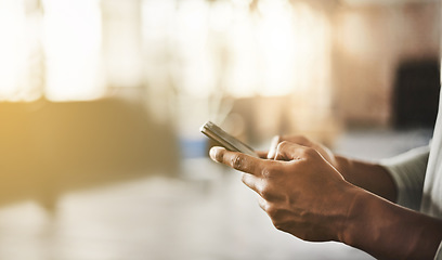 Image showing Phone, hands or man in gym on social media to relax on break after fitness training or workout break. Search, texting closeup or healthy sports athlete typing to chat on mobile app for online blog