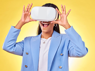 Image showing Business woman, virtual reality vision and studio with hands, smile and 3d user experience by yellow background. Futuristic tech entrepreneur, ar glasses and excited for metaverse, cyber ui or system