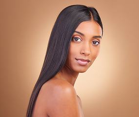 Image showing Portrait, hair care and woman with cosmetics, natural beauty and wellness on a brown studio background. Face, person and model with shine, aesthetic and glow with dermatology, texture and volume