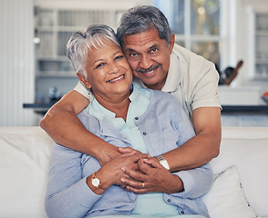 Image showing Portrait, senior or happy couple hug in house living room bonding together to relax on holiday with trust. Retirement, love or proud old man smile with a mature woman with support or care in marriage