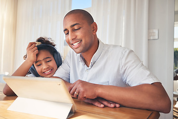 Image showing Father, child and tablet with headphones for home education, e learning support and helping in translation. Happy dad, family and kid on digital tech and listening to audio for language and teaching