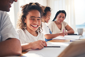 Image showing Children, parents and family for online learning, home education and happy writing, knowledge or support on tablet. Biracial kid, mother and father teaching, help and school elearning on digital tech